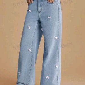 Women's Zipper Fly Bow Knot Denim Pants | Loose Fit, Button Front, Straight Leg Jeans for Casual Fashion