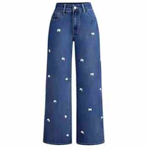 Women's Zipper Fly Bow Knot Denim Pants | Loose Fit, Button Front, Straight Leg Jeans for Casual Fashion